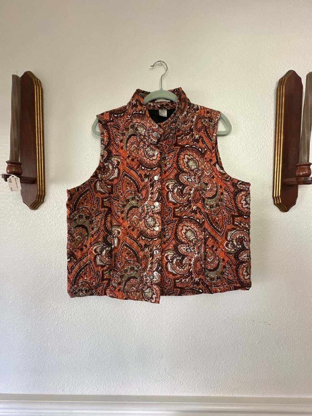 Rebecca Malone Orange Brown Paisley Quilted Cotton Vest Size L
